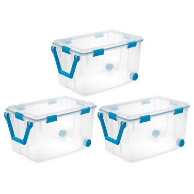 Sterilite 120qrt. Multipurpose Clear Plastic Storage Container Box with Latching Lids and 2 Rear Wheels 3 Pack - Clear