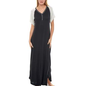 Women's Soft Knit Nightgown, Full Length Henley Sleep Shirt Pajama Top w/ Pockets