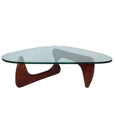 LeisureMod Imperial Collection Triangular Glass Top Coffee Table with Glossy Ash Wood Base for Home, Living Room, Office