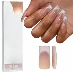 Cat Eye French Tip Nails, Long Square Gel False Nails, Soak Off Acrylic Extensions - 1 of 4