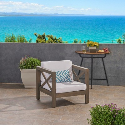 1 Piece Acacia Wood Patio Accent Chair,Waterproof Fabric Upholstered Lounge Club Chair,Armrests Club Chair For Balcony Or Garden-Coolbibila