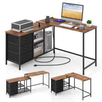 Costway L-shaped Computer Desk with Power Outlet, Drawers, Metal Mesh Shelves Rustic Brown/Black/White
