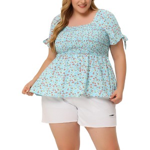Agnes Orinda Women's Plus Size Floral Square Neck Smocked Bow Tie Short Sleeve Peplum Blouses - 1 of 4