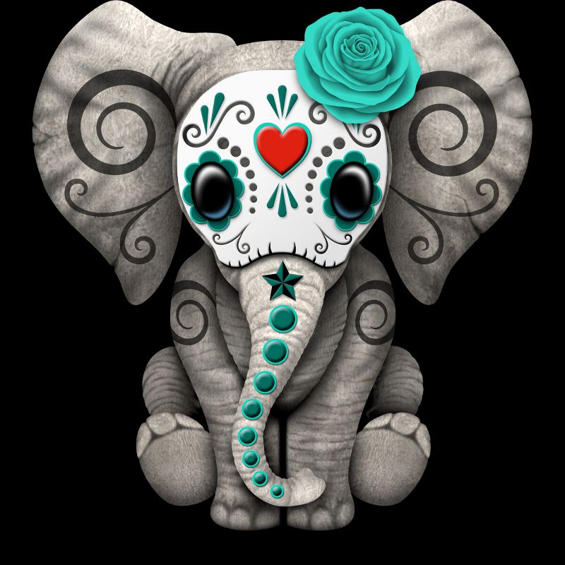 Junior's Design By Humans Blue Day of the Dead Sugar Skull Baby Elephant By jeffbartels T-Shirt, 2 of 4