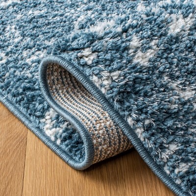 Square Blue and Ivory Synthetic Shag Area Rug