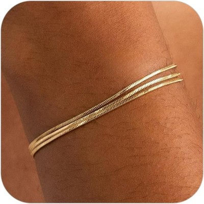 Gold Bracelets for Women Trendy, 14K Real Gold Plated Dainty Stackable Pearl Snake Chain CZ Heart Pendant Bracelets Adjustable 6"+2"