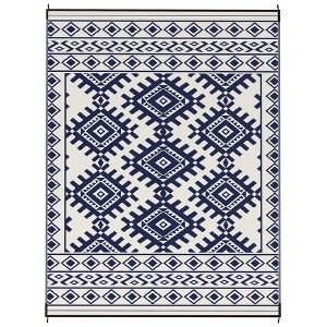 Reversible Outdoor Rug, Waterproof Plastic Straw with Carry Bag, Blue & White Rhombus Border - 1 of 4