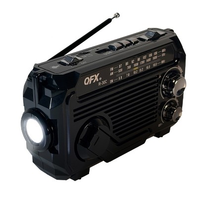 QFX® Portable AM/FM/Shortwave Emergency Radio with Bluetooth®, Flashlight, Hand Crank, and Solar Panel, Black, R-30