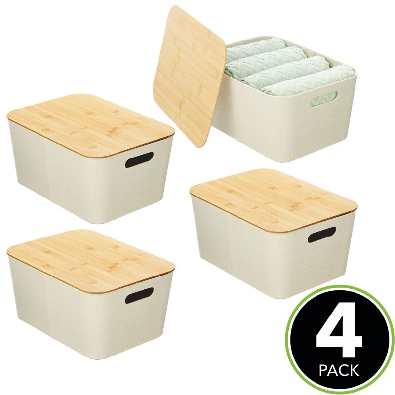 mDesign 10" Soft Fabric Stacking Storage Bin Box and Bamboo Lid Cover, 4 Pack, 2 of 8