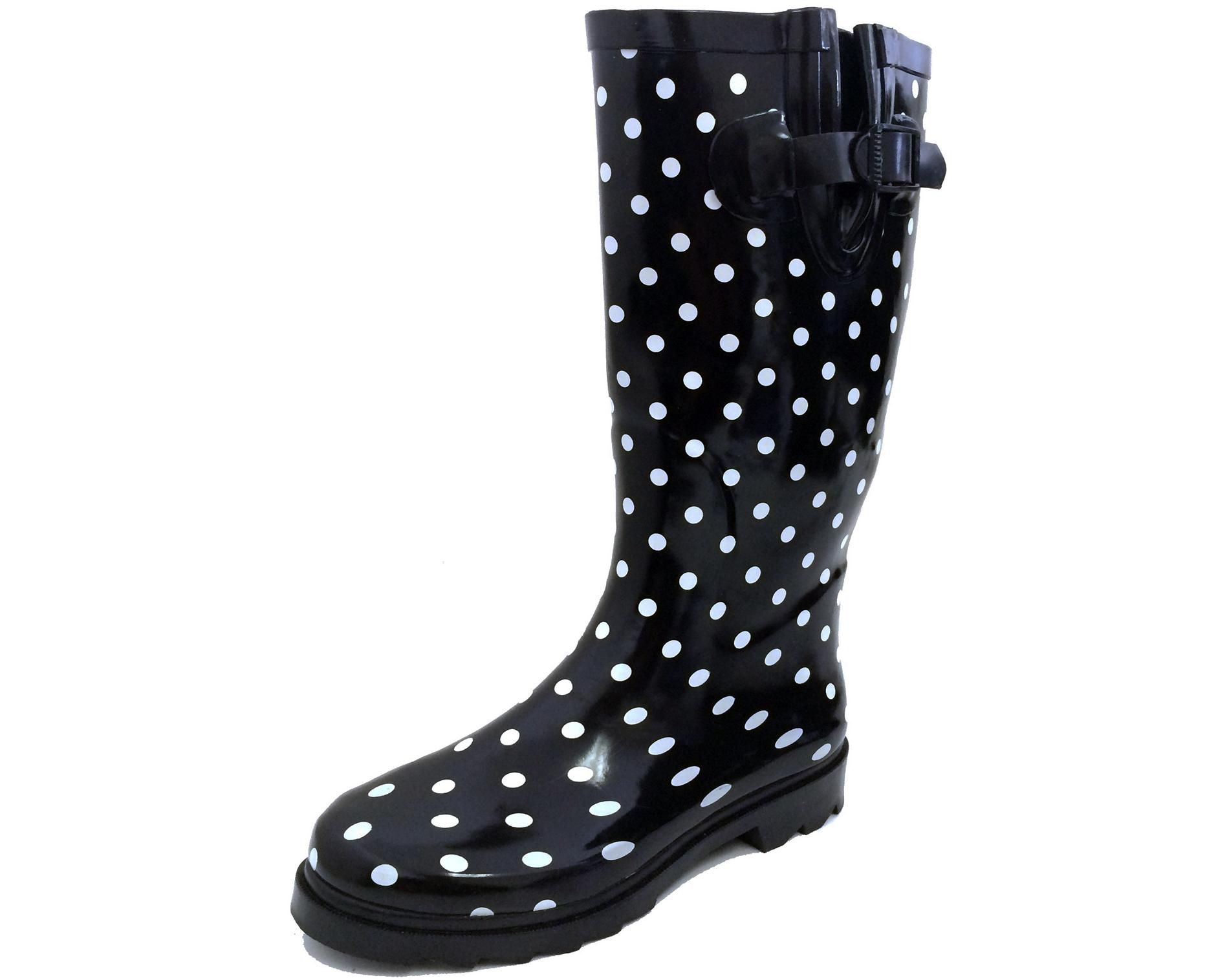Women's Rain Boots Black Polka Dots Rubber Mid Calf Snow Rainboot