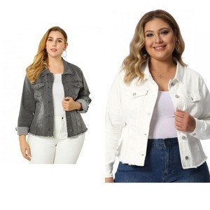 Women's Plus Size 2 Pieces Classic Denim Front Frayed Casual Long Sleeve Fashion Jean Jackets - Agnes Orinda - 1 of 4