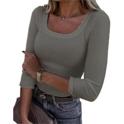 3/4 Sleeve Shirts for Women Square Neck Slim Fit Casual Ribbed Tops Solid Color Undershirts Basic Fashion Tees