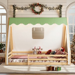 Twin/Full Size Montessori Floor Bed, House Tent Floor Bed with Light Strip & Full-Length Guardrails - ModernLuxe - 1 of 4