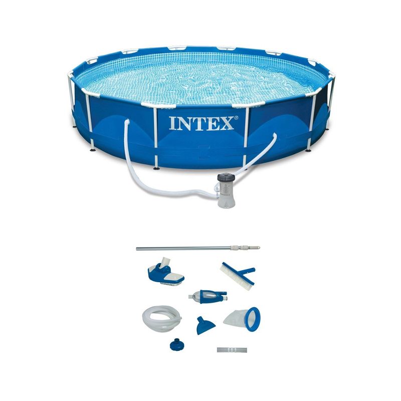 Intex 12' x 30" Metal Frame Swimming Pool w/ Filter Pump & Pool Maintenance Kit, 1 of 8