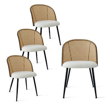 Jules Mesh Rattan Backrest Dining Chair Set of 4 with Black Metal Base, Armless Kitchen Chairs with Upholstered Bouclé Fabric -The Pop Maison