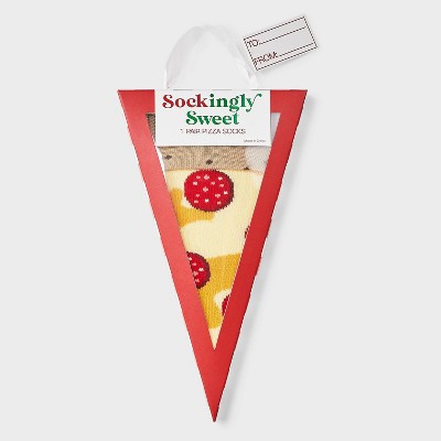 Women's Pizza Christmas Crew Socks - Tan/Yellow/Red 4-10