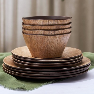 Wood Grain Semi-Matte Melamine Outdoor Dinnerware Set, Service for 4