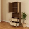 Tall Rattan Storage Cabinet with 2 Doors, 3 Drawers and Open Shelves, BookShelf, Pine Wood Storage Cabinet with USB Port for Living Room, Bedroom - 3 of 4
