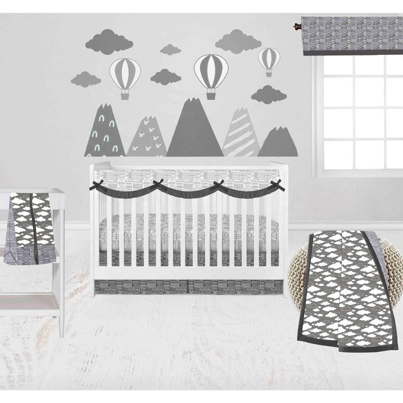 Bacati - Clouds in the City White/Gray 6 pc Crib Bedding Set with Long Rail Guard Cover, 1 of 12
