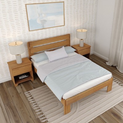 Pine Wood Queen Bed Frame with Plank Headboard in Pecan