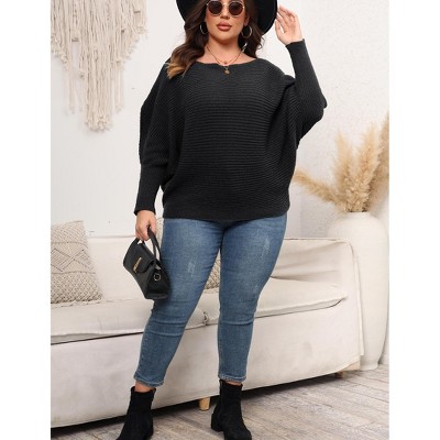 Womens Plus Size Off-Shoulder Batwing Sleeve Sweater Winter Knit Tops