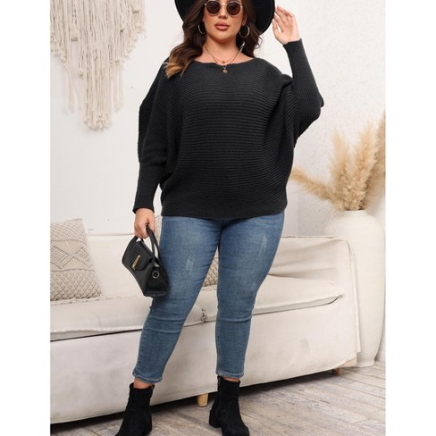 MISSKY Womens Plus Size Off Shoulder Batwing Sleeve Sweater Winter Knit Tops Black XL