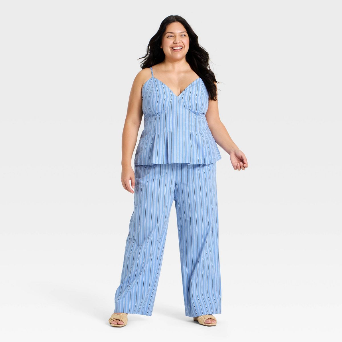 Women's Mid-Rise Poplin Straight Leg Pull-On Pants - A New Day™ Blue Striped - thumbnail 3