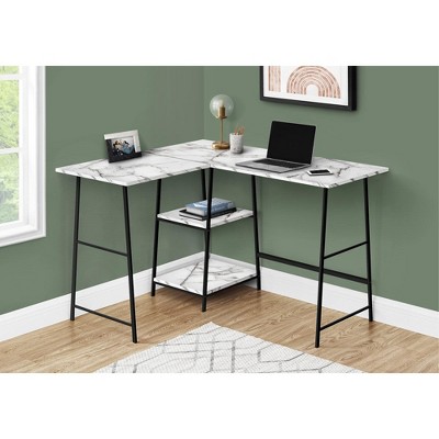 Transitional White Marble-Look Corner Home Office Desk with Sawhorse Legs