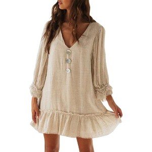 Women's Ruffle Mini Dress V Neck Smocked Flowy Sundress Loose Linen Cuffed 3/4 Sleeve Dresses - 1 of 4