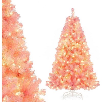 Tangkula 6 FT Pre-lit Tinsel Christmas Tree Artificial Xmas Tree with 250 LED Lights 8 Modes 688 Pink Branch Tips Folding Metal Stand