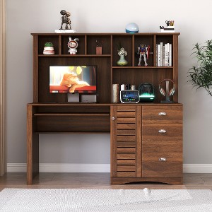 Lyngins Home Office Desk with Hutch, Computer Desk with 2-Tier Open Shelf, 3 Large Drawers, Concealed Cabinet, Gaming Desk for Study Room/Bedroom - 1 of 4