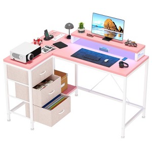 47 Inch Computer Desk, L Shaped Desk with Power Outlets and Led Lights, 3-Drawer Gaming Desk with Storage Shelves and Monitor Stand, Reversible - 1 of 4