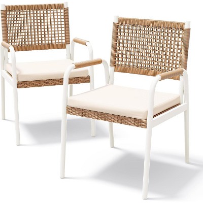 Set of 2 Wicker Patio Chairs – Outdoor Wicker Dining Chairs with Metal Frame and Stylish Square Rattan Design for Balcony, and Poolside