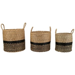 Northlight Woven Table and Floor Cylindrical Seagrass Baskets - Black and Beige - Set of 3 - 1 of 4