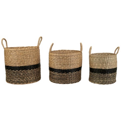 Northlight Woven Table and Floor Cylindrical Seagrass Baskets - Black and Beige - Set of 3 - image 1 of 4