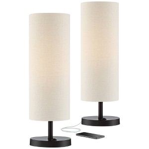 360 Lighting Heyburn Modern Accent Table Lamps 20" High Set of 2 Bronze with USB and AC Power Outlet in Base Oatmeal Cylinder Shade for Bedroom Desk - 1 of 4