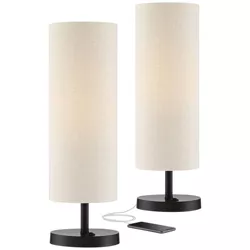 360 Lighting Modern Accent Table Lamps 20" High Set of 2 with USB and AC Power Outlet Bronze Oatmeal Cylinder Shade for Living Room Desk Bedroom