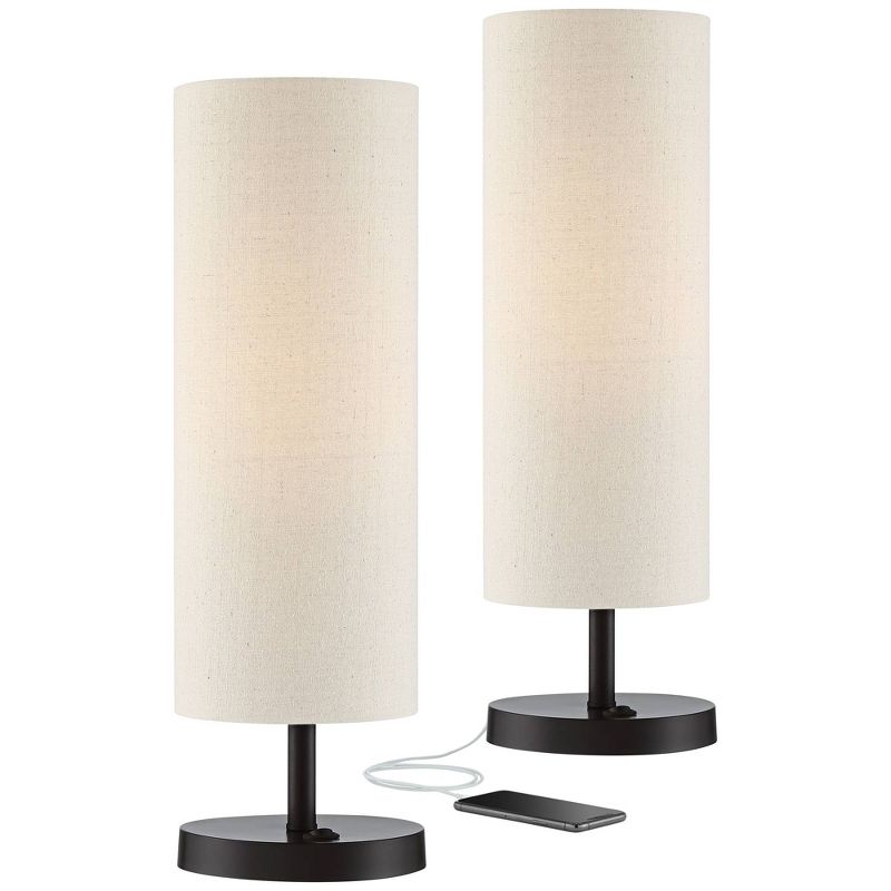 360 Lighting Heyburn Modern Accent Table Lamps 20" High Set of 2 Bronze with USB and AC Power Outlet in Base Oatmeal Cylinder Shade for Bedroom Desk, 1 of 10