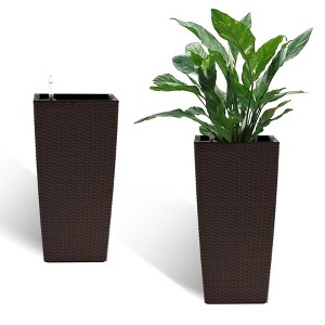 NAYSAYE Square Planter Set of 2 Modern Faux Rattan Raised Planter Pots with Water Level Indicator for Home and Garden, Brown, 11.02"*11.02"*22.6" - 1 of 4