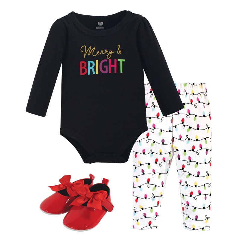 Hudson Baby Infant Girl Cotton Bodysuit, Pant and Shoe 3pc Set, Merry & Bright, 1 of 6