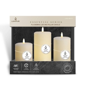 LumiPur 3pk Essentials Natural Glow Flameless Flickering Wax Pillar LED Candles Linen White - 1 of 4