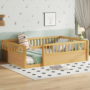 KWPZQEB Floor Bed Frame with Safety Guardrail, Montessori Kids Wooden Floor Bed with Slats, Wood Beds Frame for Kids Girls, Boys - 1 of 4