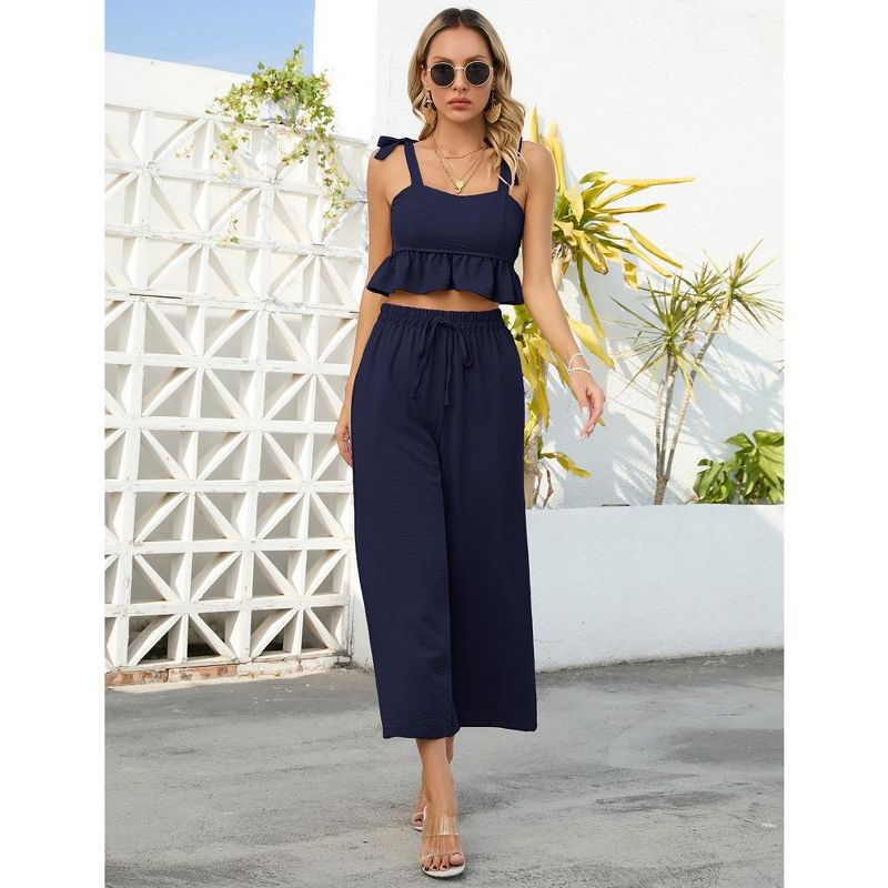 Women's 2 Piece Tracksuit Sleeveless Square Neck Linen Tank Crop Top Wide Leg Pants Matching Sets Summer Outfits, 3 of 9