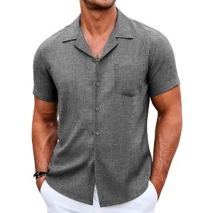 COOFANDY Men's Casual Button Down Short Sleeve Linen Beach Cuban Vacation Textured Shirts with Pocket - 1 of 4