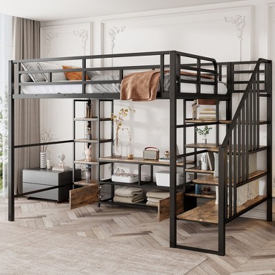 NicBex Full Size Loft Bed Bunk Bed Metal Bed Frame with Low Table, Storage Shelves, Stairs and Full Length Guardrail, No Box Spring Required, Black