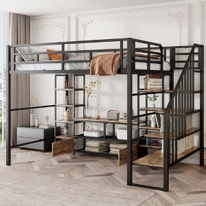 NicBex Full Size Loft Bed Bunk Bed Metal Bed Frame with Low Table, Storage Shelves, Stairs and Full Length Guardrail, No Box Spring Required, Black - 1 of 4