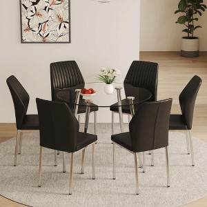 7-Piece Dining Set with Tempered Glass Table and 6 PU Armless Chairs - 1 of 4