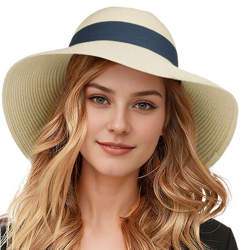 Anna-Kaci Wide Brim Straw Sun Hat with Black Ribbon Bow Adjustable Chin Strap Inner Sweatband for Outdoor and Travel Use - Beige
