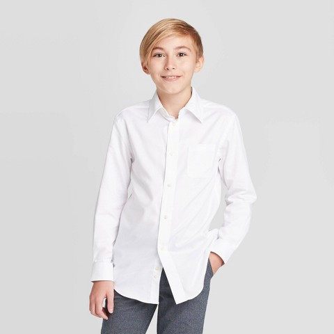 Детские Cat & Jack Boys' Long Sleeve Woven Button-Down Shirt - Cat & Jack™ White L: Classic Fit, Herringbone Pattern, Cotton-Polyester Blend