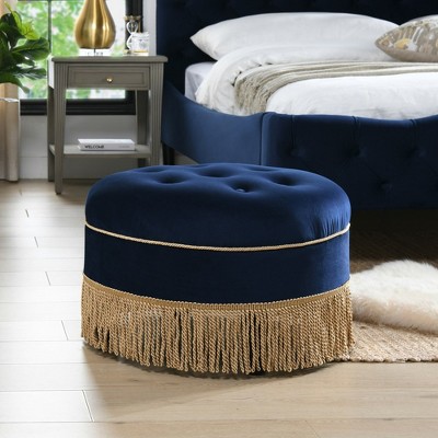 Navy Blue Velvet Tufted Round Ottoman with Fringe
